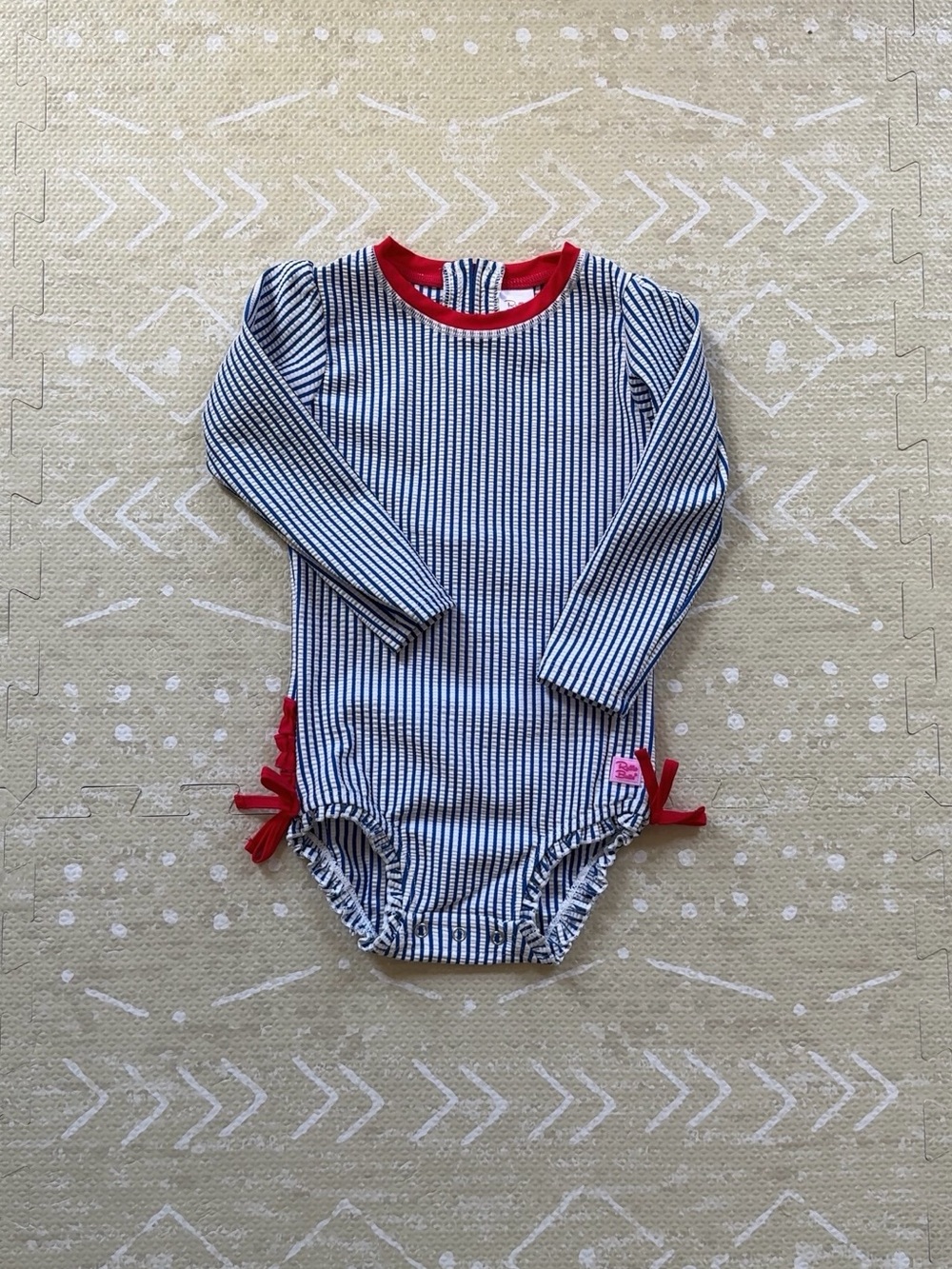 RuffleButts Baby Girls Seersucker Rash Guard - One Piece Swimsuit UPF 50+